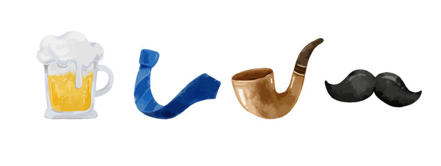 Fathers Day Watercolor Vector Set, Beer Glass, Necktie, Smoking Pipe, Mustache isolated on white background