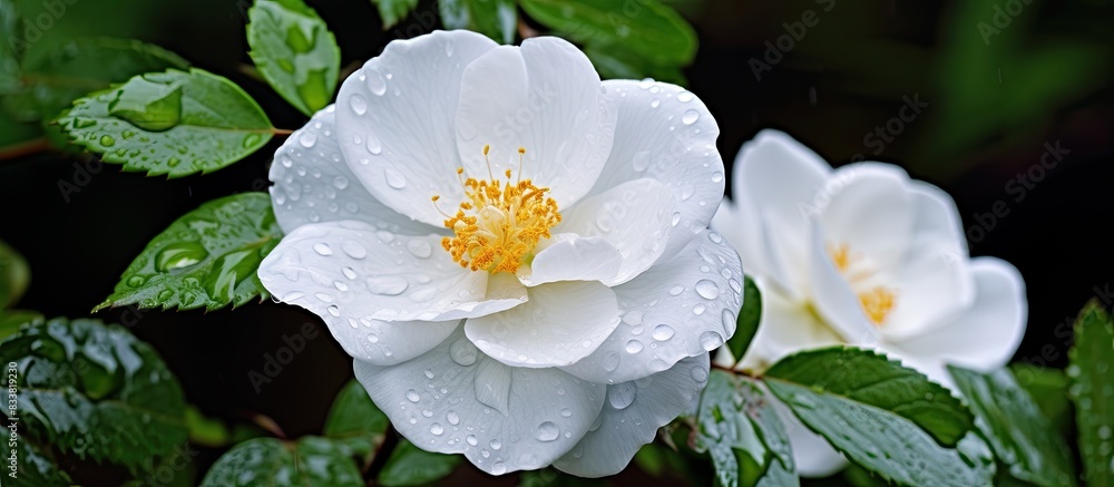 Aufkleber Closeup image of a wet, wavy white wild rose with a natural background providing empty space for addition of text or images. with copy space image. Place for adding text or design