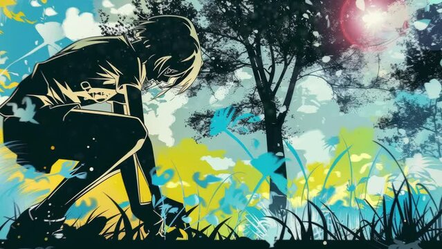 silhouette of a woman in a park looking down at something she dropped. silhouette. Animations