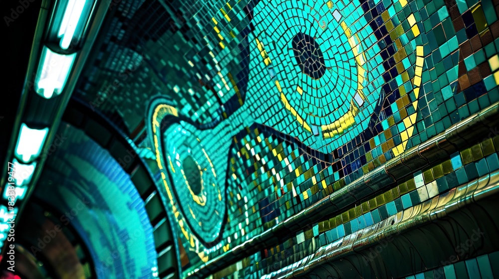 Poster close view of intricate mosaic tiles in a subway station, vibrant patterns, fluorescent light.