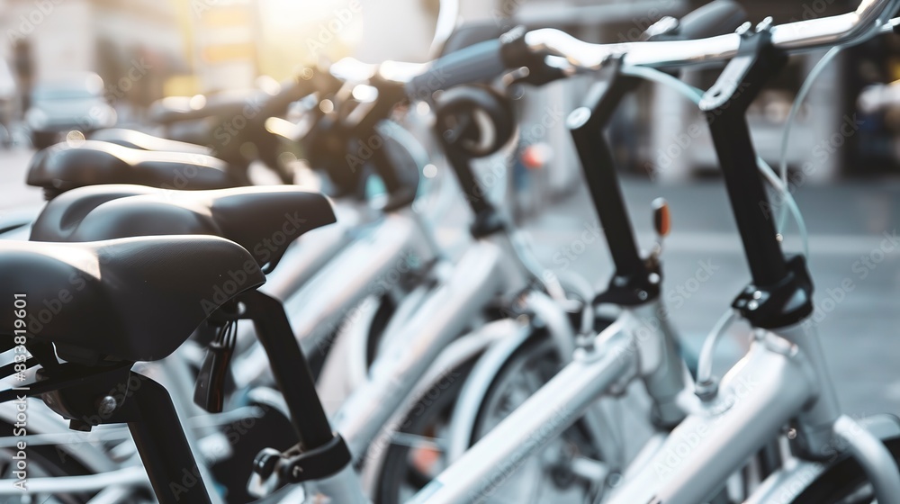 Wall mural City bike share station, close view of aligned bicycles, focus on handlebars, daytime clarity.