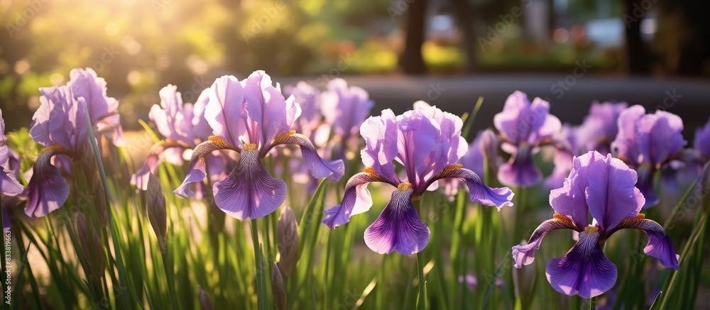 Poster blooming purple irises create a picturesque scene in a garden, set against a backdrop with copy spac