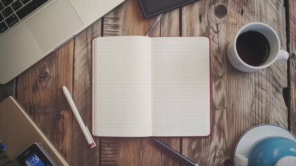 An open notebook on a wooden desk, accompanied by a cup of coffee, a laptop, and a plant, ready for work or study.
