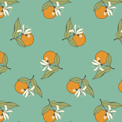Seamless pattern of orange fruit and flowers on turquoise background. Simple summer print of ripe citruses grid.