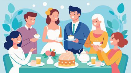 Friends and family gathered around a beautifully adorned table sipping tea and swapping stories about the bride and groom.. Vector illustration