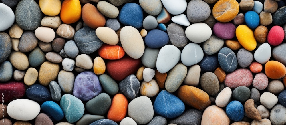 Poster top view of colorful pebbles on the sandy beach with a textured finish, creating an eye-catching cop
