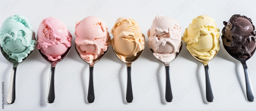 Poster Ice cream scoop set against a white backdrop with empty space for other images. with copy space image. Place for adding text or design