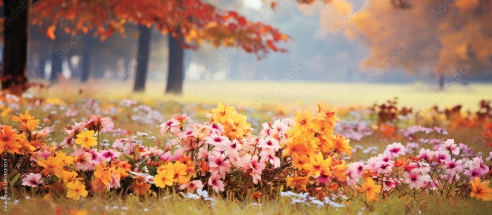 Poster field of autumn foliage with colorful flowers and leaves, perfect for a copy space image.