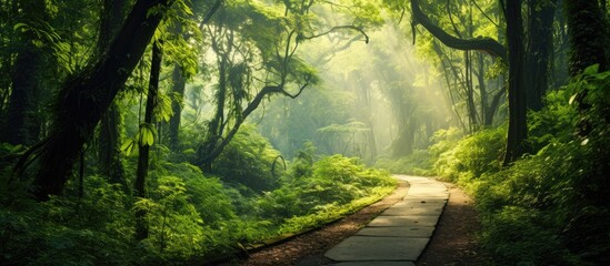 Scenic path through a lush, verdant forest with copy space image.