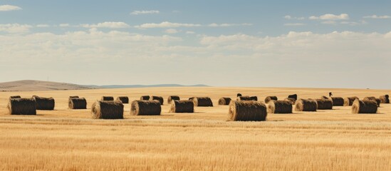 Obraz premium Cattle grazing on rice straw in late summer as part of agricultural practices, captured in a copy space image.