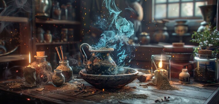Illustrate sculpting tools as enchanted objects with a hint of magic in a fantasy-themed design