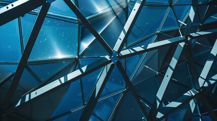 Close-up of a transparent energy-efficient dome, geometric frame lit by starlight. 