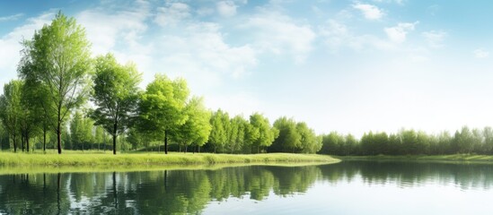 Obraz premium Backgrounds of trees beside the pond, with copy space image.
