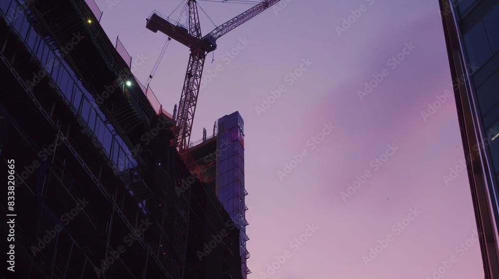 Poster Detailed shot of a crane atop an under-construction skyscraper, looming against a twilight sky.