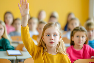 Fototapeta premium Young Girl Raising Hand in Classroom