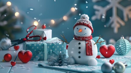 Packaging the New Year s gift box with snowman scissors and hearts