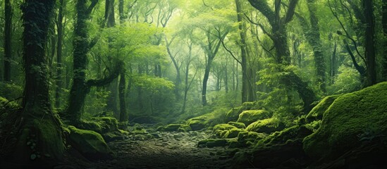 A lush forest backdrop with a green color palette; ideal as a copy space image.