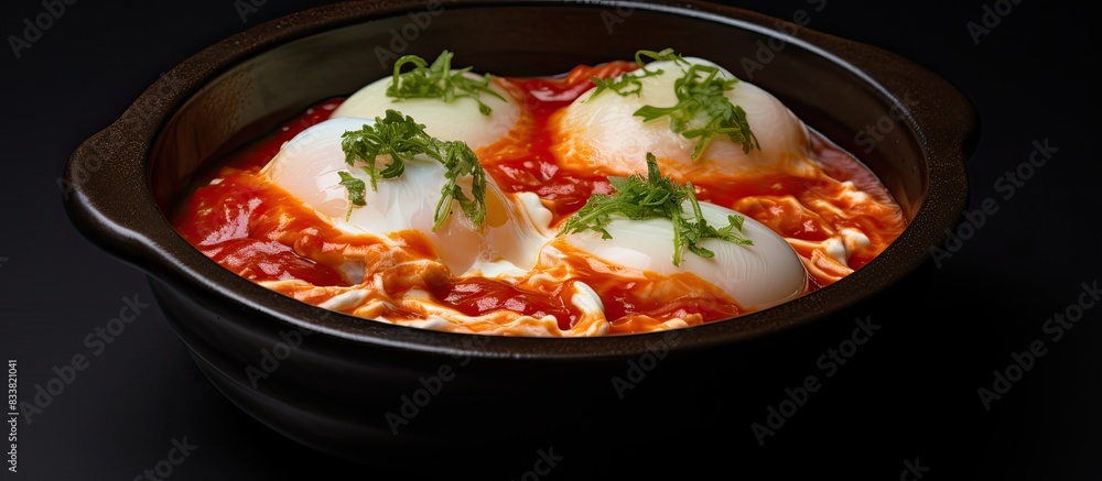 Poster a plastic bowl containing poached eggs served with red sauce and enoki mushrooms against a plain bac