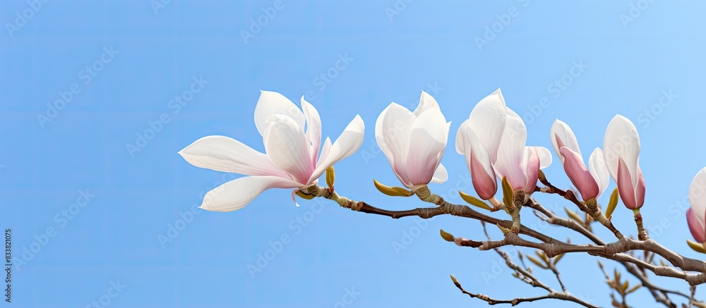 Poster a magnolia blossom on twigs against a blue sky with room for text. with copy space image. place for 