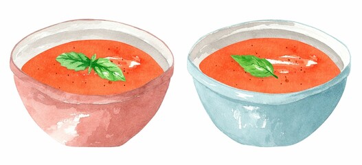 Tomato puree soup with basil in a blue plate. Set hand drawn watercolor illustration isolated on white background. Template for design.
