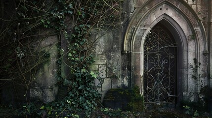 Obraz premium Close view of an overgrown entrance to a derelict mansion, ivy and moss on stone, dusk light. 