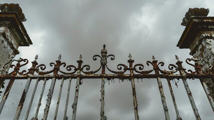 Naklejka premium Rusting iron gate of an abandoned estate, intricate patterns with flaking paint, overcast sky.