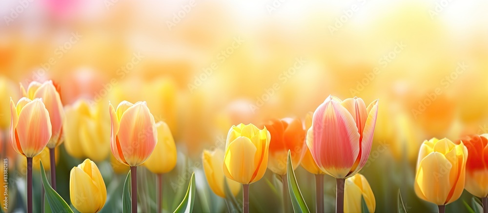 Poster tulip flower field background with a blurred effect, perfect for a copy space image.