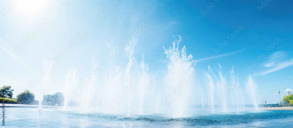 Poster blue sky background with water splashing from a fountain, ideal for copy space image.