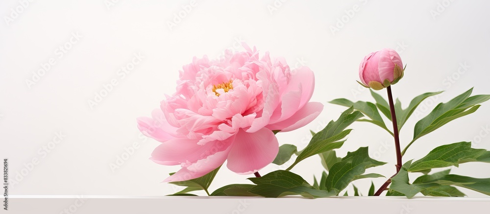 Poster Peony flower in full bloom against a white background with copy space image.