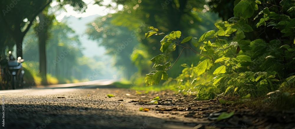 Poster blurry foliage of untamed tree leaves bordering a rural road with rice fields in the background, cre