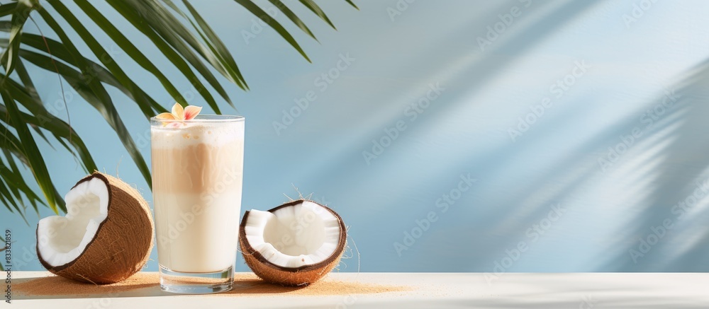 Poster coconut latte over ice with a copy space image suggest refreshing, creamy, and summery vibes.