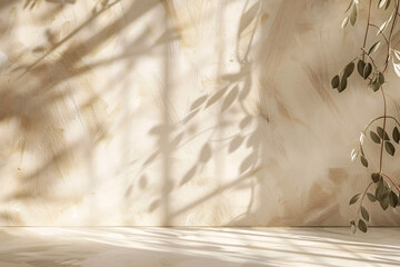 Simple abstract beige backdrop, beautiful light and shadow on wall, perfect for showcasing products