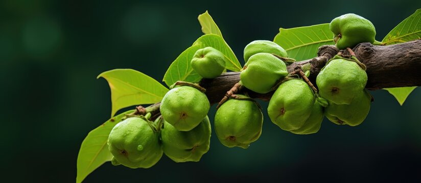 Close-up view of unripe cordia dichotoma (Gundi) tree fruits, with copy space image