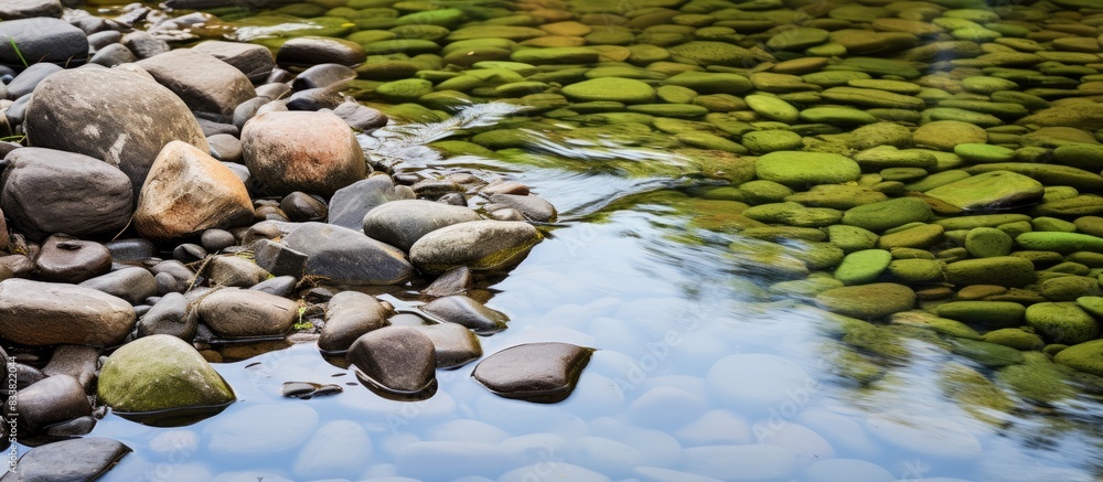 Poster nature stones and green landscape reflections in the creek create a serene copy space image.