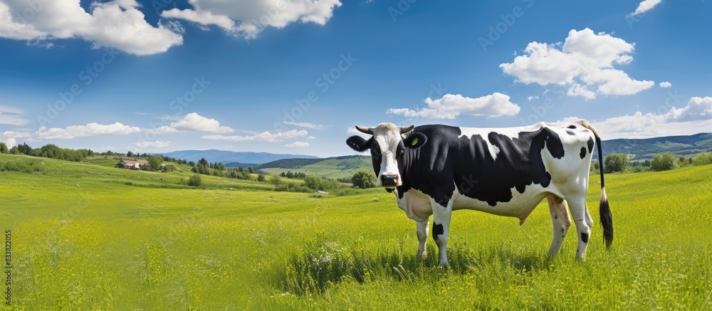 Poster cow grazing on a lush summer meadow with a serene rural backdrop, ideal for a copy space image.