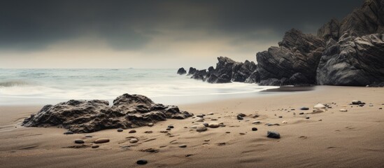 Dark rocks and sandy texture at the beach, with copy space image.