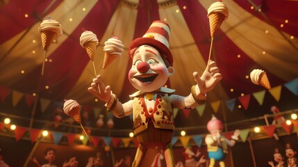 Naklejka premium A whimsical 3D cartoon depiction of a character juggling multiple ice cream cones, set in a circus tent with an audience clapping in the background