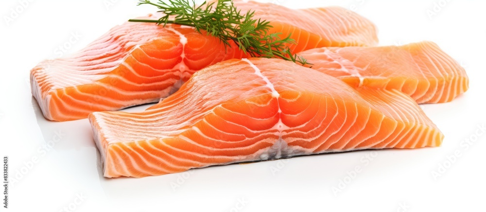 Poster salmon slices on a white background with copy space image.