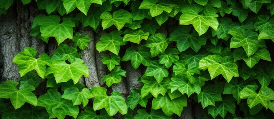 Fototapeta premium Close-up of a tree trunk with lush green ivy leaves creating a natural background, ideal for copy space image.