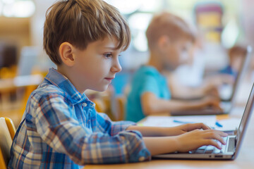 Young Boy Using Laptop in Classroom