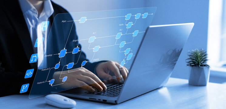 Commit, merging, master development for technology business. Git flow development software diagram. Flowchart branchingand release version process workflow. 