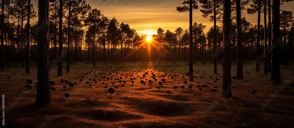 Poster Sunset in a pine forest with an anthill and space for writing. with copy space image. Place for adding text or design