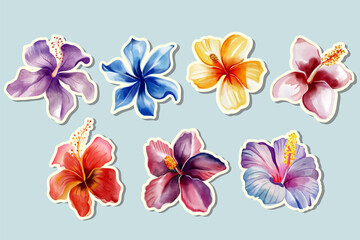 Watercolor stickers tropical flowers. Floral stickers. Set of exotic flowers. Tropical collection