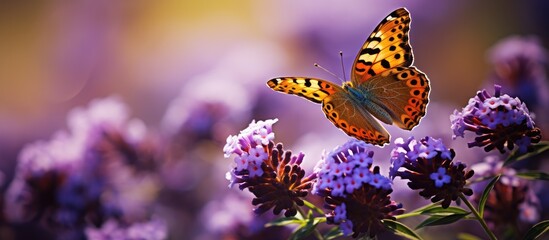 Butterfly with brown wings rests on vibrant purple flower in a beautiful display, creating an idyllic copy space image.