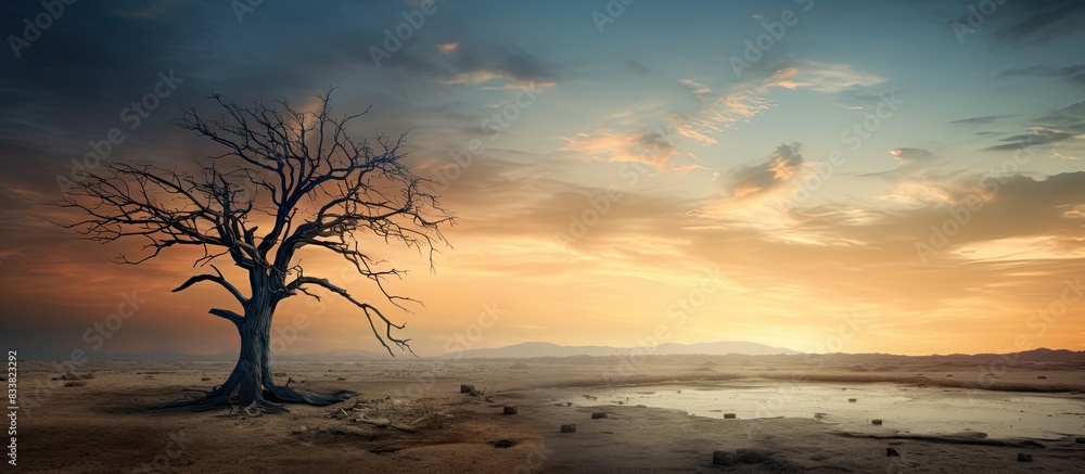 Poster overcast sky with a gentle sun and a dead tree in front against a clear background with copy space i