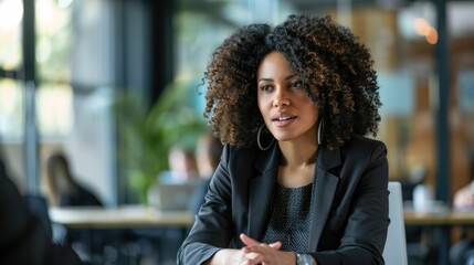 Confident business leader, discussing strategy with her team in a modern office.