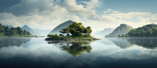 Obraz premium Scenic island in a tranquil lake with a tranquil setting and copy space image.