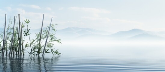 A row of bamboo is gracefully arranged with a serene water background in the copy space image.