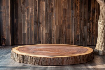 Circular slab of wood stands as a rustic display podium against a dark wooden textured wall and floor