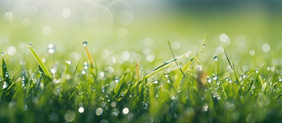 Obraz premium Close-up image of green grass with dew drops in sunlight, with selective focus. Copy space image.